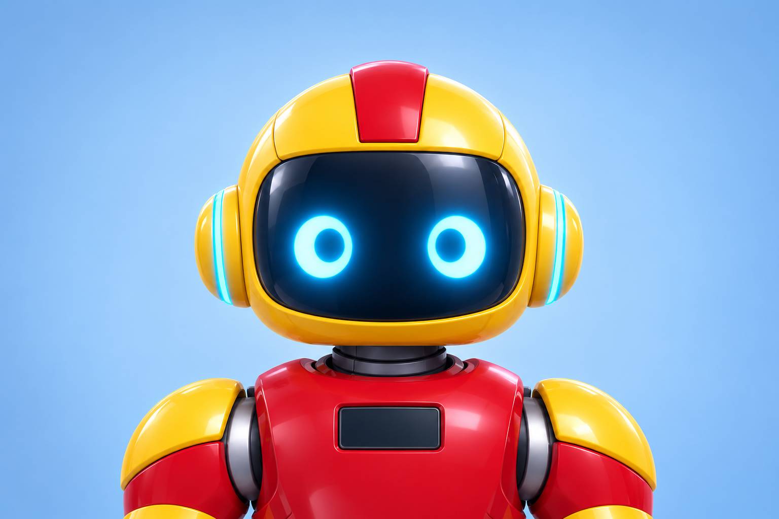 Maskot robot merah-kuning dengan visor gelap dan mata LED biru